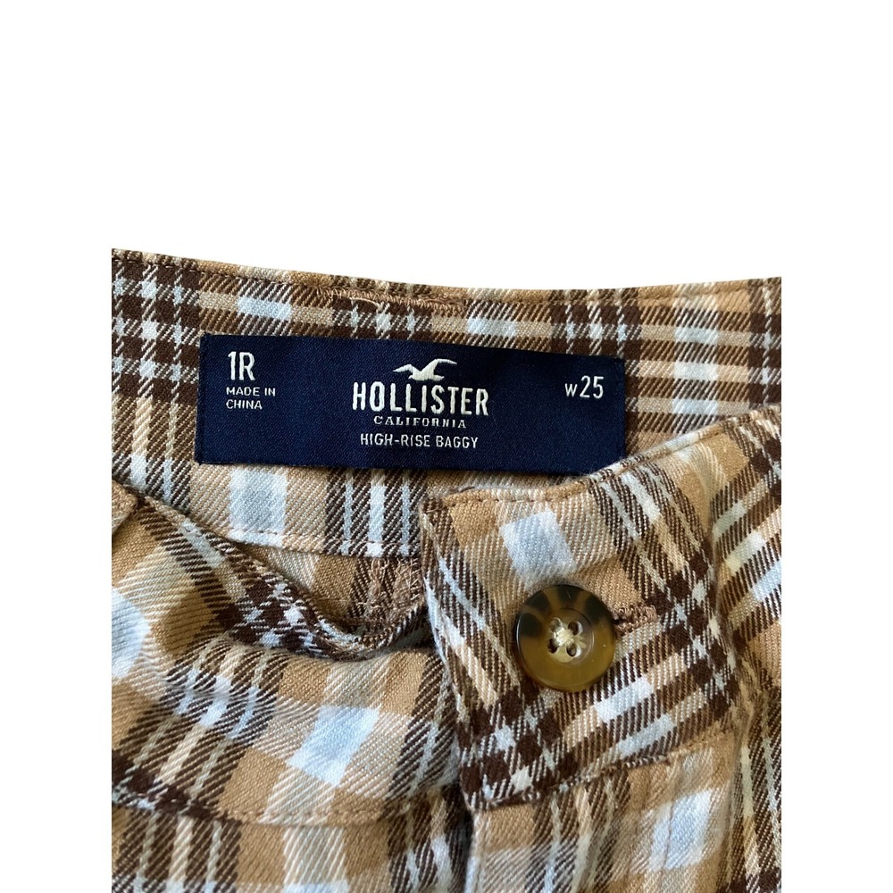 Hollister High-Rise Baggy Plaid Pants Brown Blue Wide Leg Trousers W25 Size 1R - Picture 2 of 6